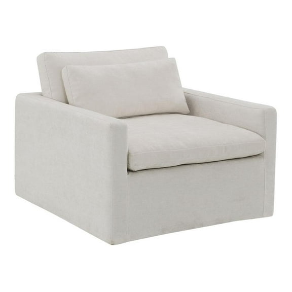 Bowery Hill Contemporary Fabric Upholstered Swivel Chair with Pillow in Ivory