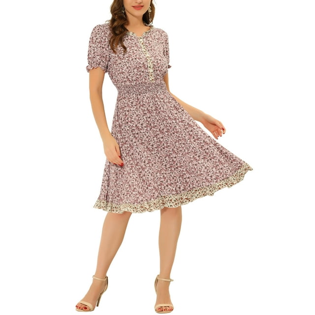 Allegra K Robe d'Été Florale pour Femmes Col à Volants Taille Smockée Manches Courtes Robe TP Rose