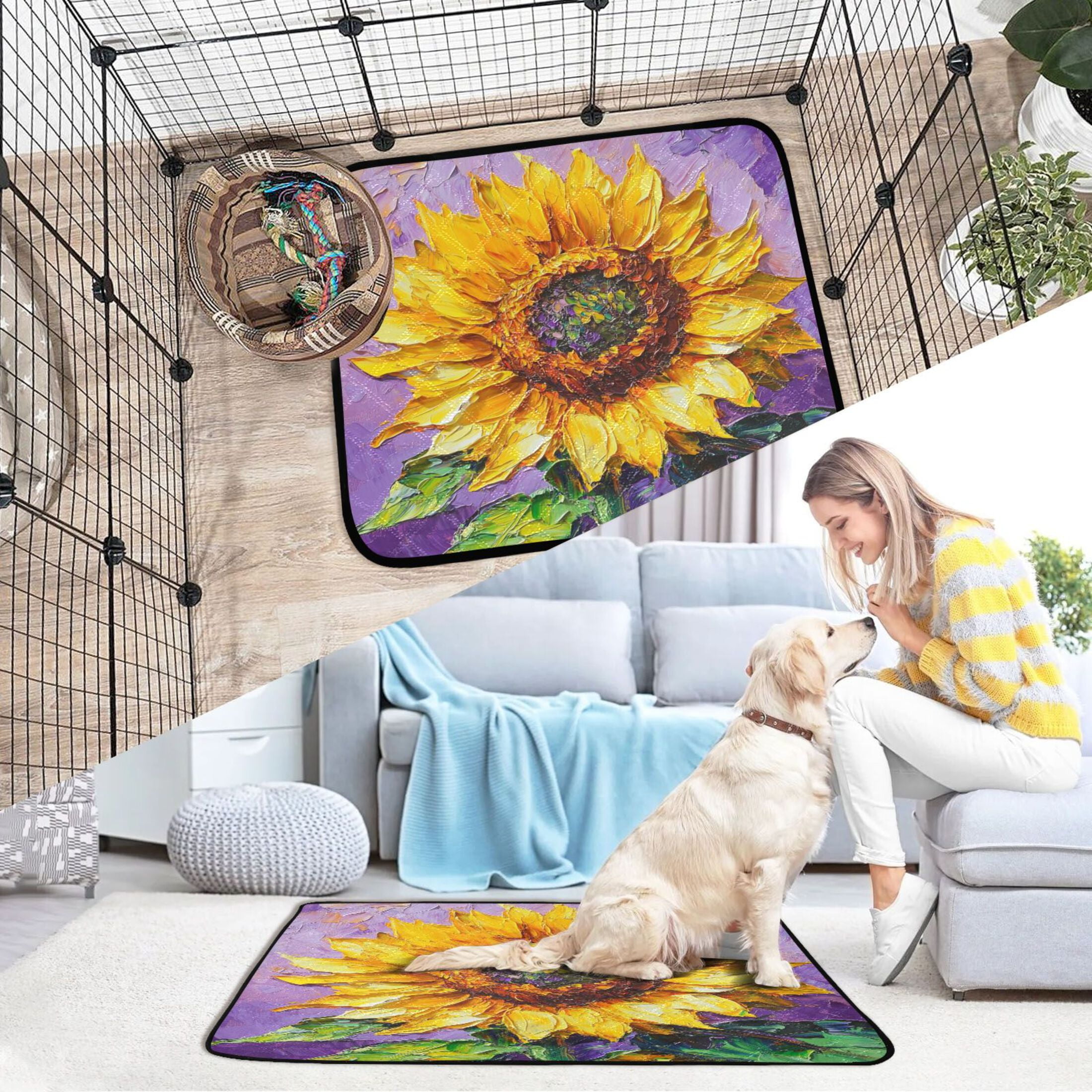Qxltty Bright Yellow Sunflower Cat litter Pads Pet Set of 3 Diaper Mats Center Anti-leakage Layer Absorbent Soft and Comfortable