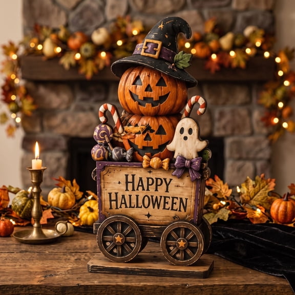 Halloween Gothic Whimsical Wooden Decoration, Vivid Color Fade Resistant Durable Tabletop Spooky Decor for Flat Wood Craft Office Mantel Cabinet Bookshelf Countertop Home Party Display (pumpkin)