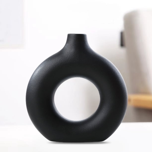 Jarrones de mesa de centro huecos de maceta de cerámica para decoración de escritorio (negro M)