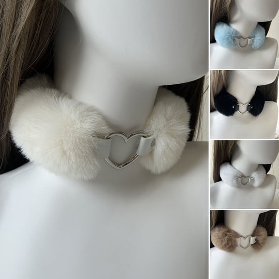 Fluffy Choker Collar Detachable Fuzzy Necklace Alloy Heart Faux Fur Choker Necklace for Women Men Daily Wear Date Parties