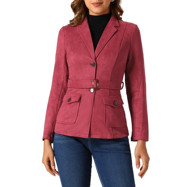 BLAZER DE TRABAJO DE MANGA LARGA CON CINTURÓN DE SUEDE SINTÉTICO PARA MUJERES INSPIRE CHIC TALLA M ROJO OSCURO