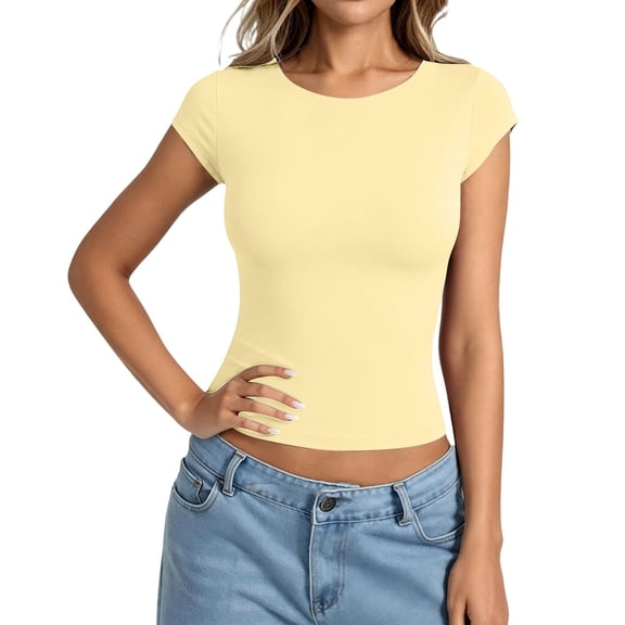 Angala Womens T Shirts Crew Neck Short Sleeve Solid Blouse Summer Slim Fit Stretchy Soft Comfy Dailywear Ladies Tees Size L Yellow