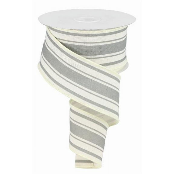 Farmhouse Stripe on Cotton Wired Edge Ribbon - 2.5 Inches x 10 Yards (Ivory, Cool Grey)