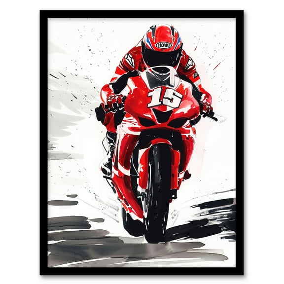 Artery8 Superbike Race Red Motorcycle Racing Action Shot Man Cave Art Print Framed Poster Wall Decor 12x16 inch