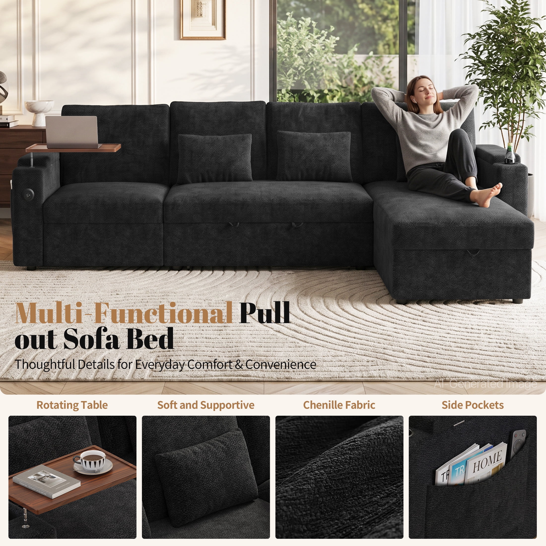 Aenkyo 108" L-Shaped Sectional Sleeper Sofa with Pull Out Bed, Recliner and Storage Chaise, Black