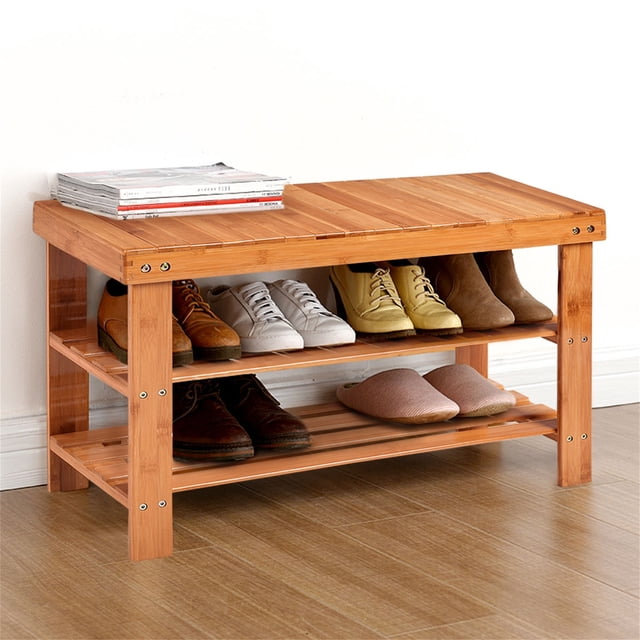 Zapatero Costway de Bambú Organizador de 2 Niveles con Asiento Madera 71 x 29,5 x 46 cm