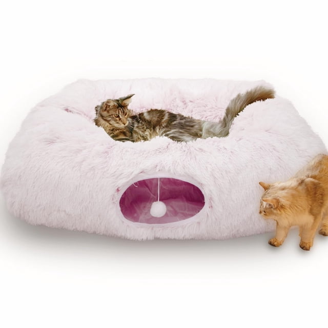 Cama de túnel extragrande para gatos de interior Cueva Donut con alfombrilla central color blanco rosado