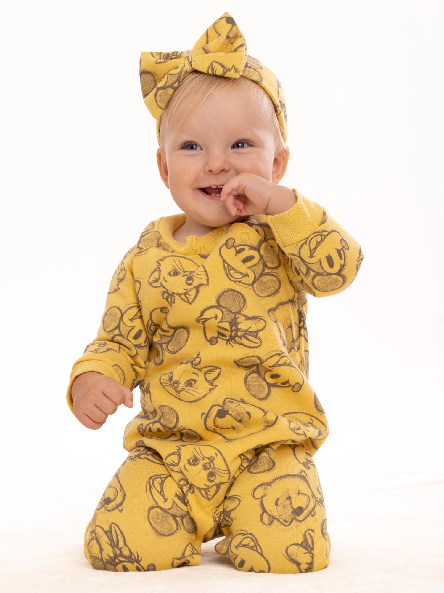Disney 100 Baby Girls Long Sleeve Romper and Headband, 2-Piece Set, Sizes 0/3 Months-24 Months