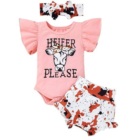 

GRNSHTS Infant Baby Girl Summer Cow Printed Clothes Ruffles Sleeveless Romper Bottoms Shorts Outfits 6-12 Months