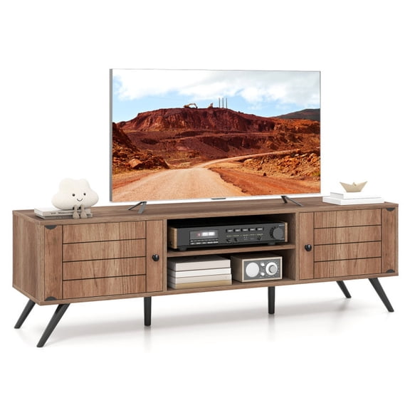 Furnibear 2-Door TV Stand for 65 Inch TV, Entertainment Center with Open Shelves and Cabinets, Oak