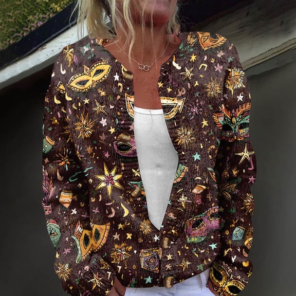 Women's Crewneck Fuzzy Sweater Elegant Mask Pattern Button Cardigan Sweater Knitted Open Front Mardi Gras Sweater