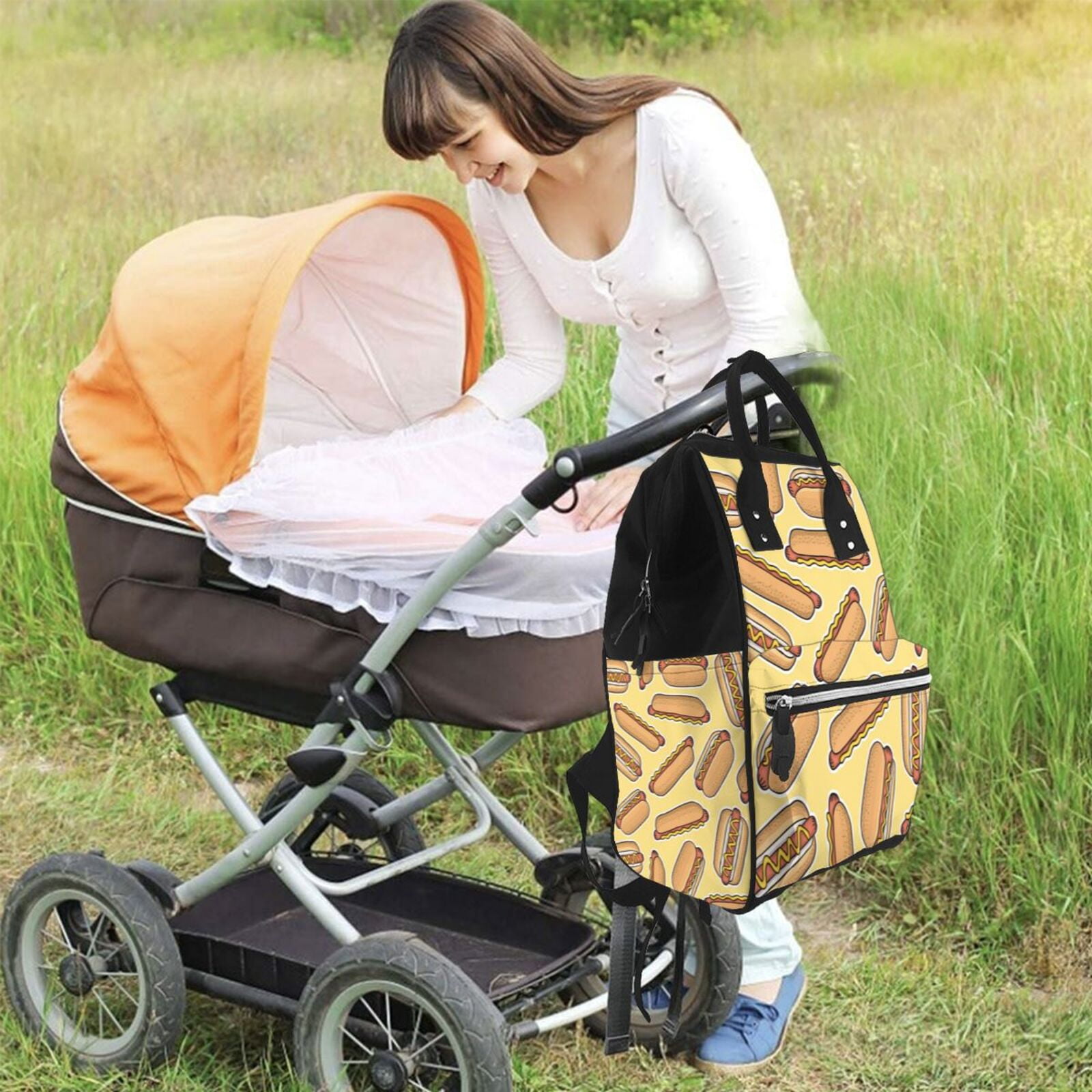 Ratiio Hot Dogs Mummy Backpack - Waterproof Twill Canvas, Large Capacity Diaper Bag with Multiple Pockets and Adjustable Straps