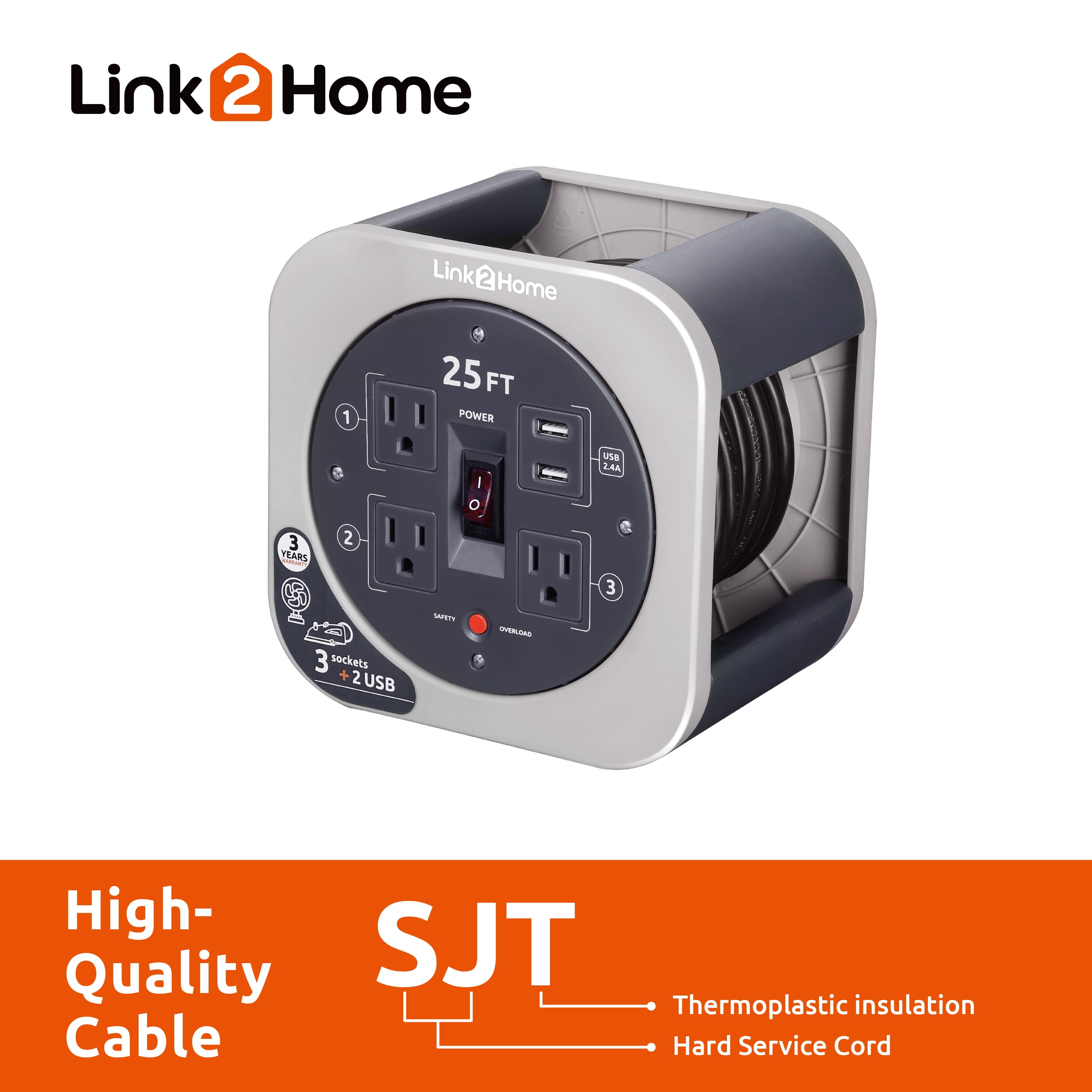 Link2Home 25 Ft Extension Cord Reel, 3 Outlets 2 USB Ports, Gray