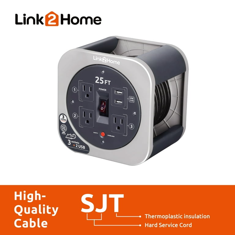 Link2Home Cord Reel 25 ft. Extension Cord 3 Power Outlets, 2 USB Ports,  2.4A Fast Charge – 16 AWG SJT Cable.