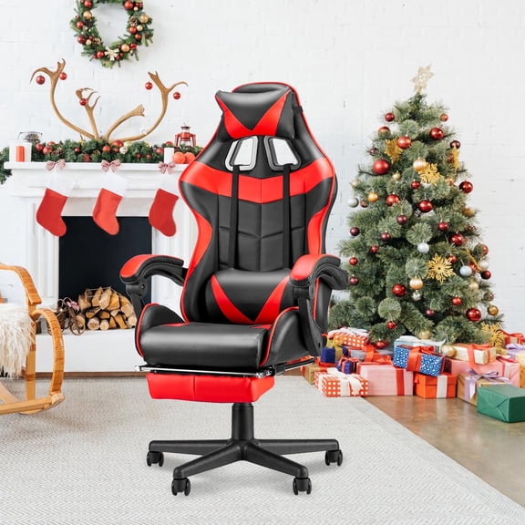 SOONTRANS Red Gaming Chair with Footrest, High Back Gamer Chair with Massage Lumbar Pillow, Gamer Computer Desk Chair (Red)