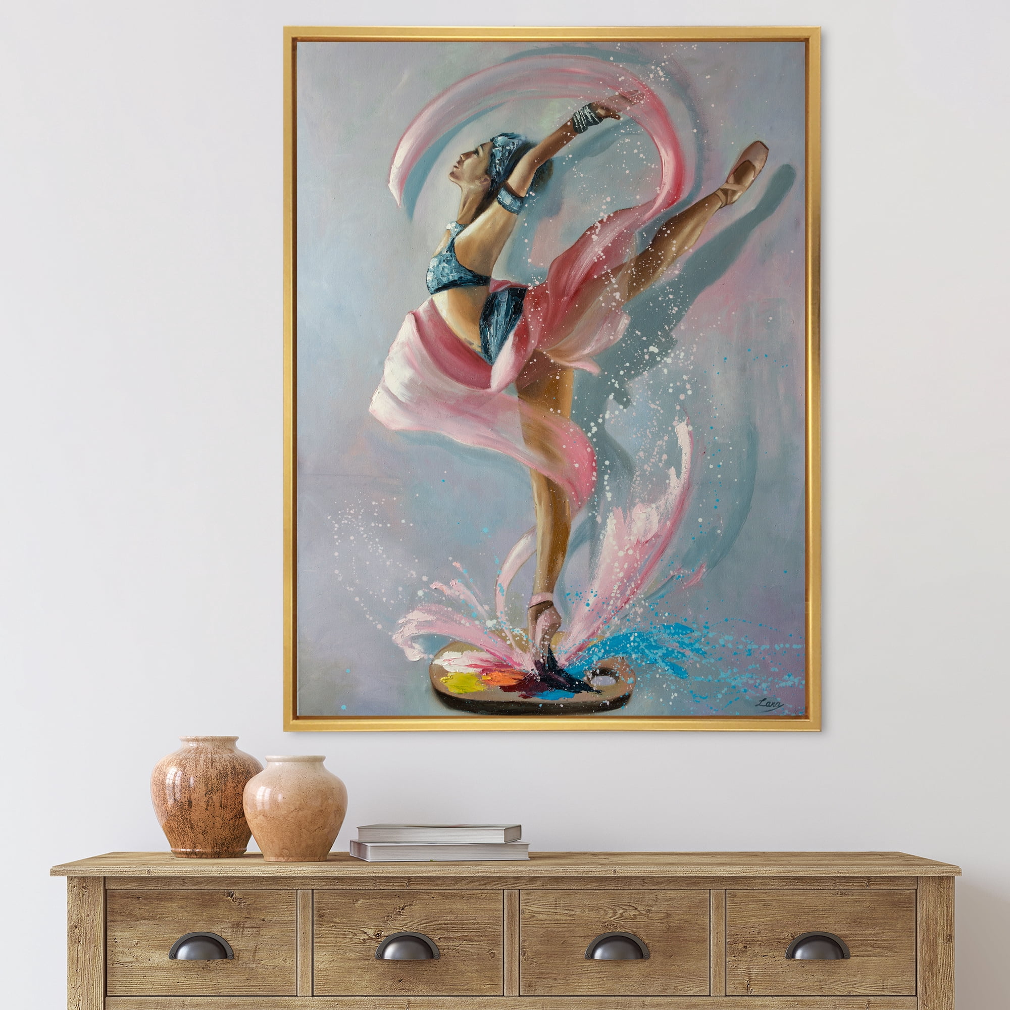 Designart 'Graciously Dancing Girl In Pink Drapes' Traditional Framed Canvas Wall Art Print