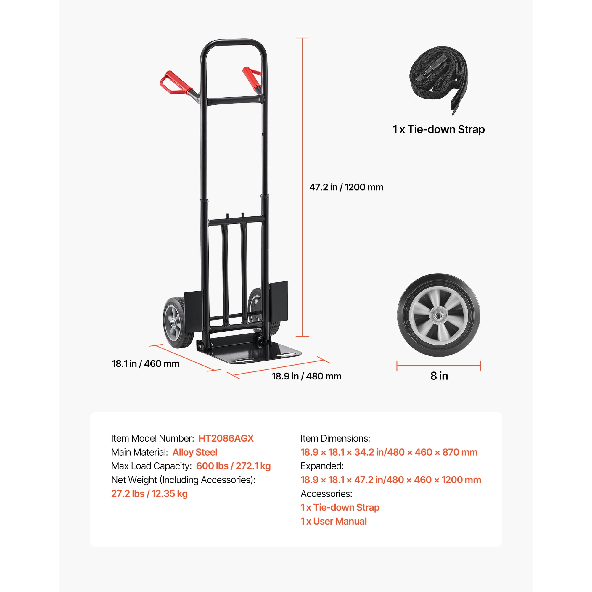 KFFKFF Heavy-Duty Hand Truck, 600 lbs Capacity, Durable Dolly with Wheels & Adjustable Handle, Portable Cart with Tie-down Strap for Home, Office, Warehouse, and Supermarket Use
