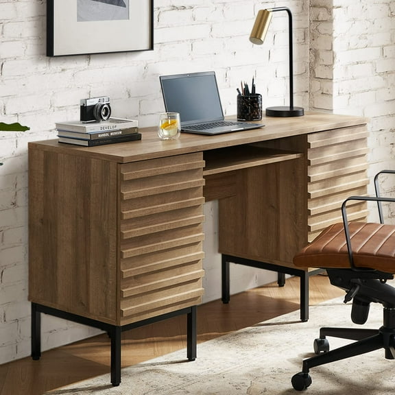 Mopio Norwin Executive Desk for Home Office, Industrial Farmhouse, Dual Cabinets, Metal Legs (Riviera Oak)