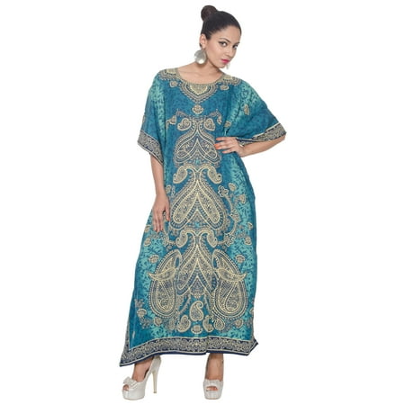Long Dresses Free Shipping Blue Kaftan Dresses for Women Paisley Printed Caftans for Summer Beach for Ladies Party Wear Women's Plus Size Kaftan Full Length Free Size Long Women Dress ()