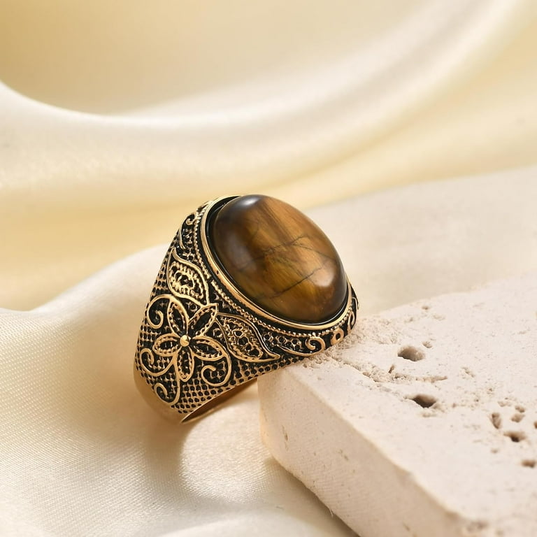 Stainless Steel Stone Ring For Men Retro Large Tiger Eye Stone