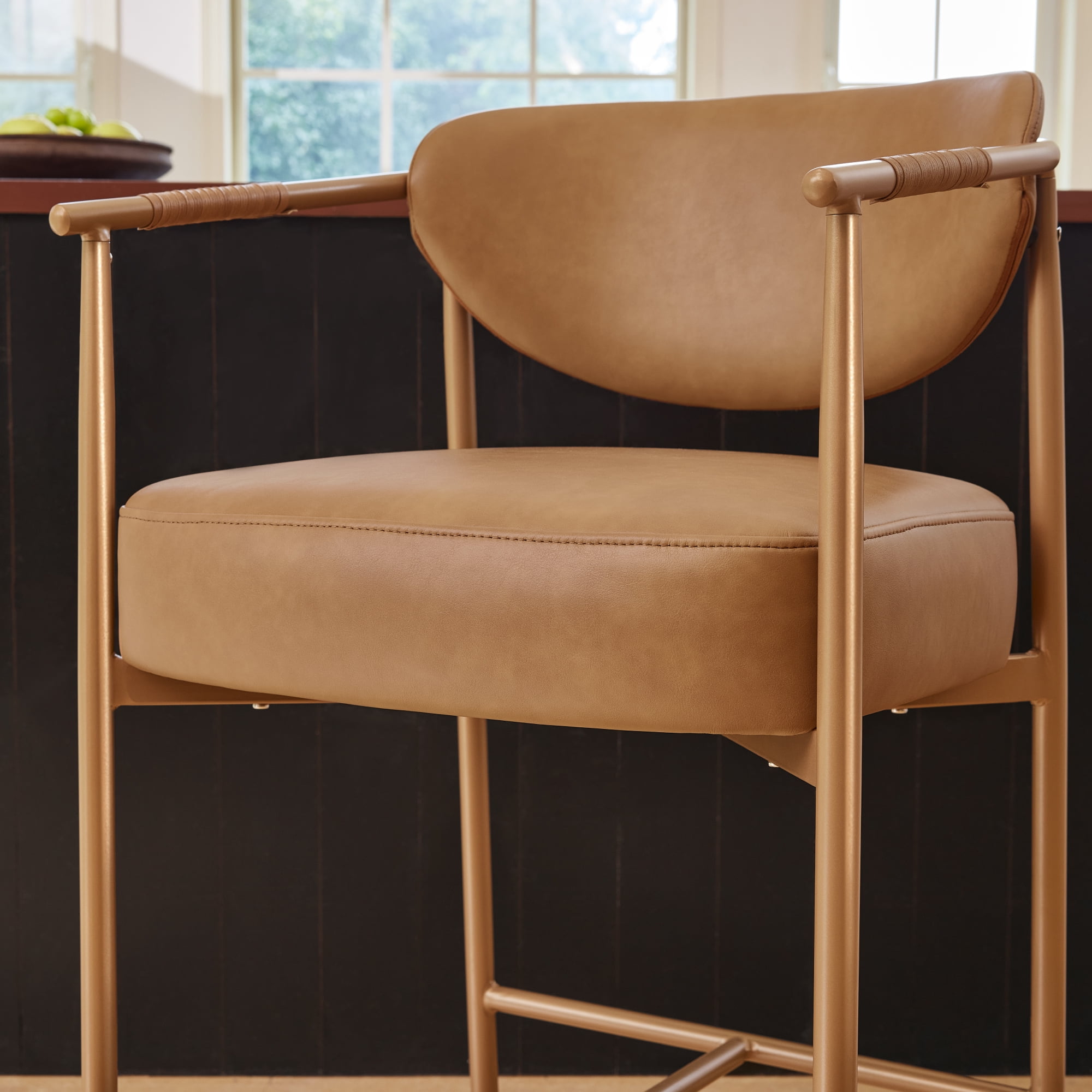 Spruce & Spring Modern Counter Bar Stool with Woven Strap Arms & Gold Metal Frame Set of 2, Brown with Gold Frame