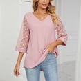 thumbnail image 2 of Blusa de retales de encaje con cuello en V y media manga para mujer, holgada y transpirable para primavera y verano, color rosa S, 2 of 8