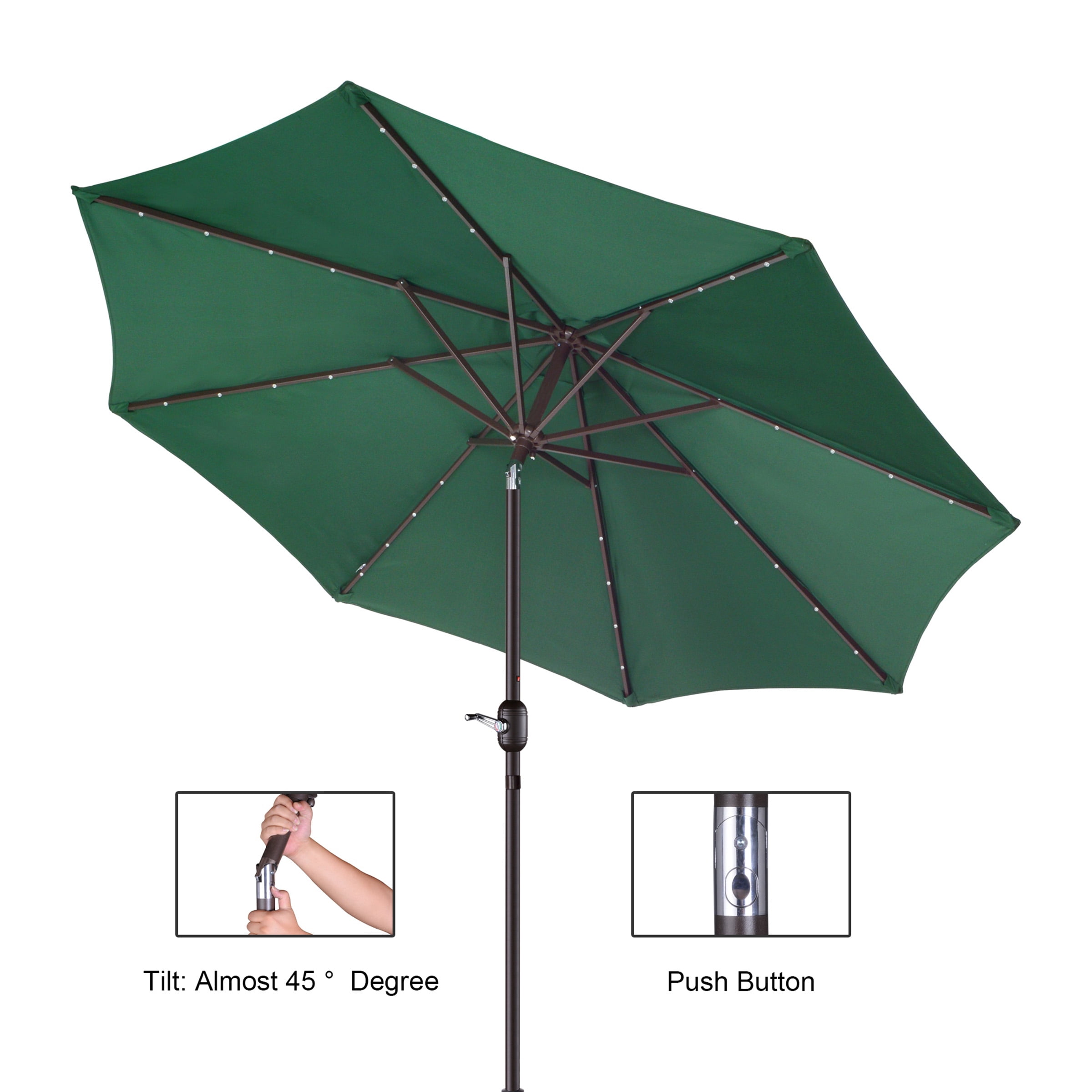 Villacera 9' LED Lighted Outdoor Solar Powered Patio Umbrella with 8 Steel Ribs, Forest Green