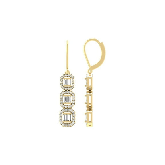 ARAIYA FINE JEWELRY 10K Yellow Gold Natural Baguette and Round Diamond Dangle Lever back Earrings (1 cttw, I2-I3 Clarity, I-J Color)