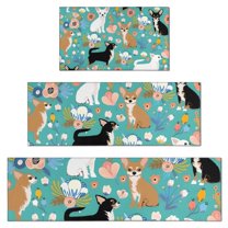 Chihuahua and Flower Florals Kitchen Rugs Sets Of 3,Kitchen Runner Rugs Non Skid Washable,Decorative Kitchen Floor Mats for Kitchen,Sink,Laundry,17"x30"  17"x47"   17"x59"