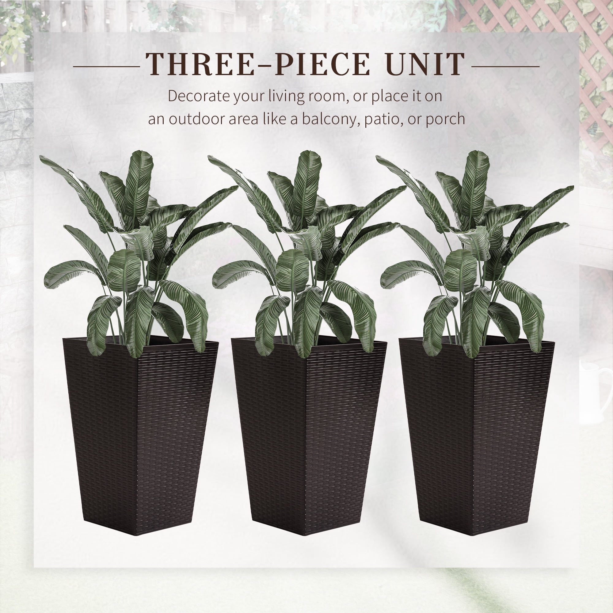 Outsunny Set of 3 Tall Planters, Outdoor & Indoor Flower Pot Set for Front  Door, Entryway, Patio and Deck, Black Decorative Container Set