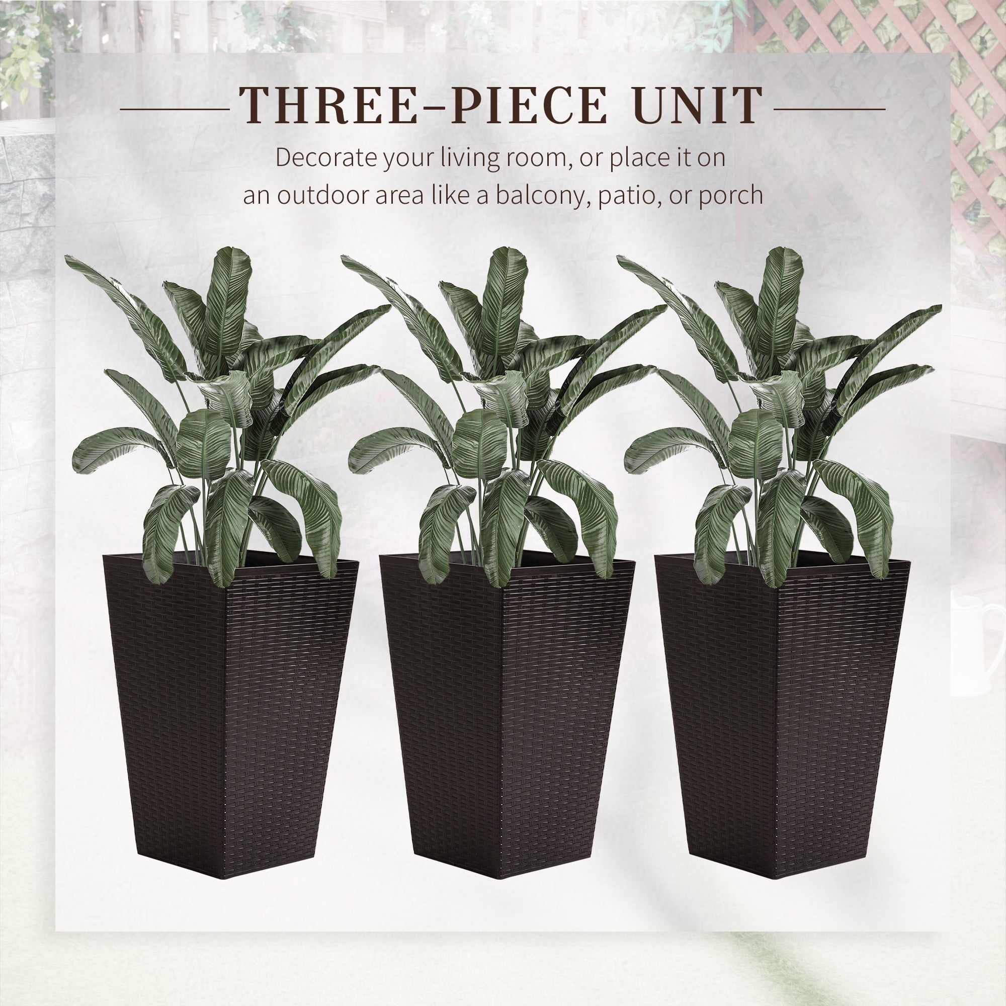 Outsunny Set of 3 Tall Planters with Drainage Hole, Outdoor Flower Plant Pots, Indoor Planters for Porch, Front Door, Entryway, Patio and Deck, Brown