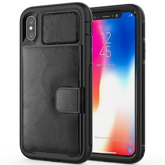 Durable And Slim Vegan Leather Wallet Portfolio Case For Apple iPhone XS / iPhone X With Lightweight Classic Design, Dedicated Card Slots, and Ultra-Strong Magnetic Closure (Black)