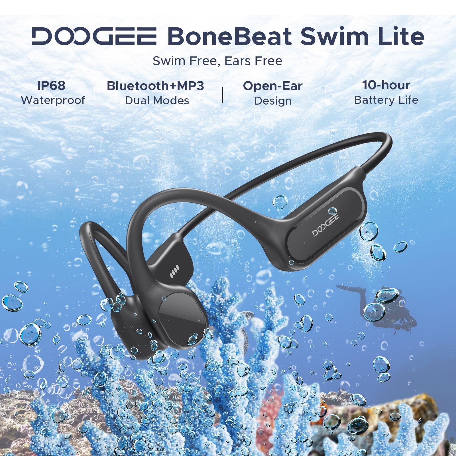 DOOGEE Bone Conduction Headphones, IP68 Waterproof Swimming Headphones with 32GB MP3 Player, Open Ear Bluetooth Headset for Running, Cycling & Sports