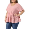 thumbnail image 4 of Agnes Orinda Women's Plus Size Valentines Day Top Eyelet Cutout Layered V Neck Short Sleeve Shirts Flowy Casual Summer Babydoll Blouses 1X Pink, 4 of 6