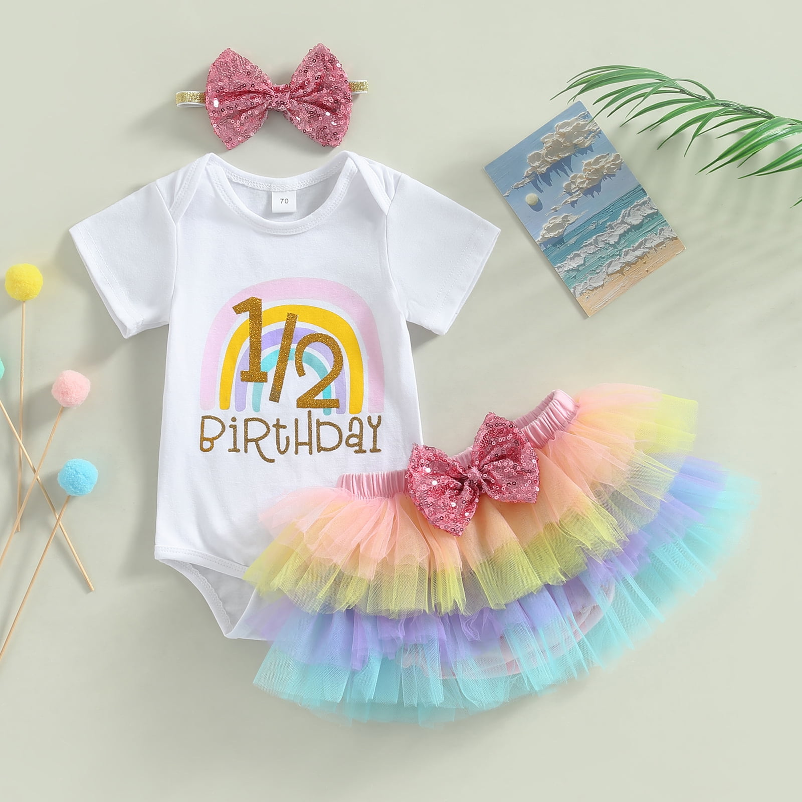 Gupgi 2Pcs Baby Girl Half Birthday Outfit 1 2 Birthday Letter Romper Rainbow Mesh Tutu Skirts Walmart