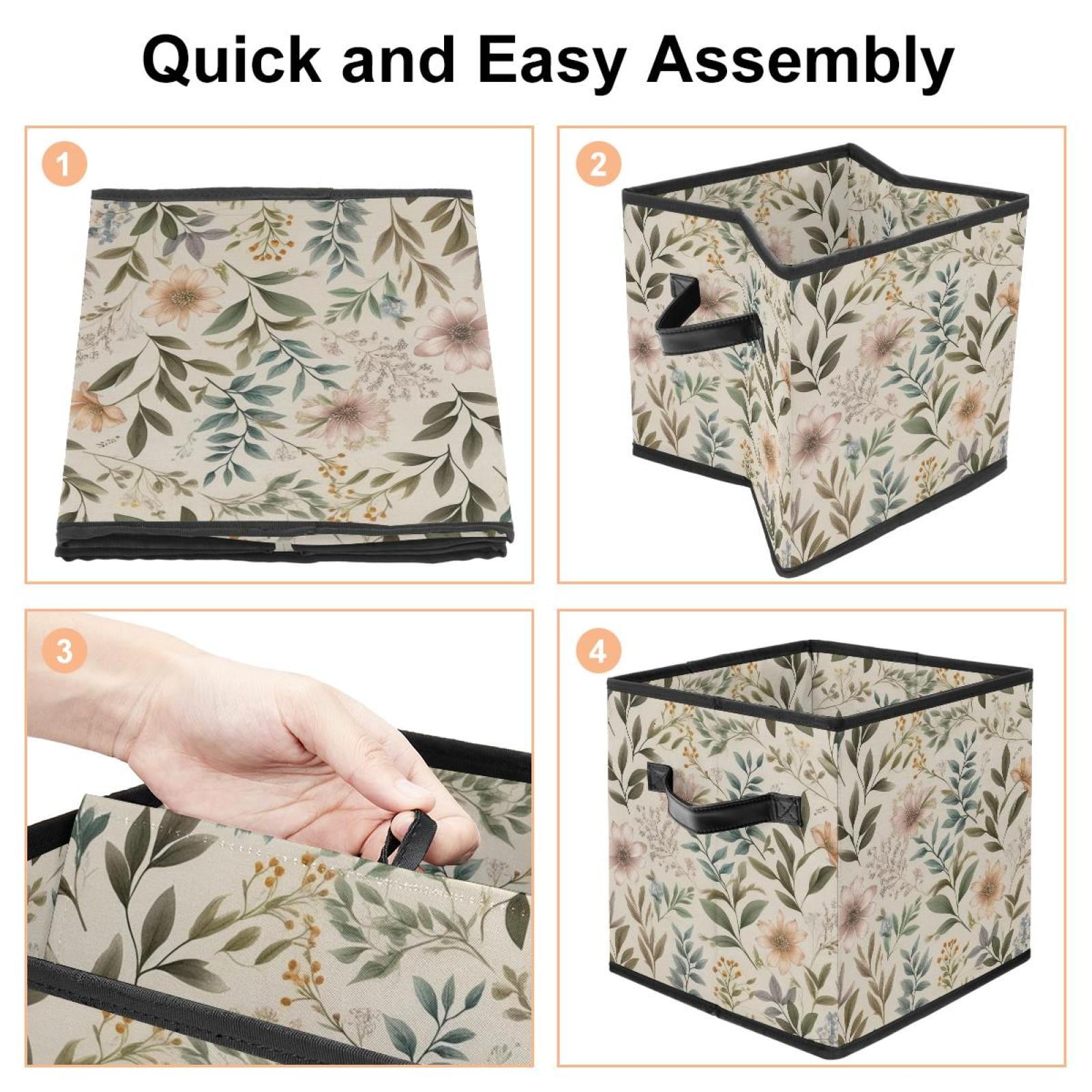 RATGDN Collapsible Fabric Cube Storage Bin with Double Handles for Living Room Bedroom Office Black - Faded Floral Specimens