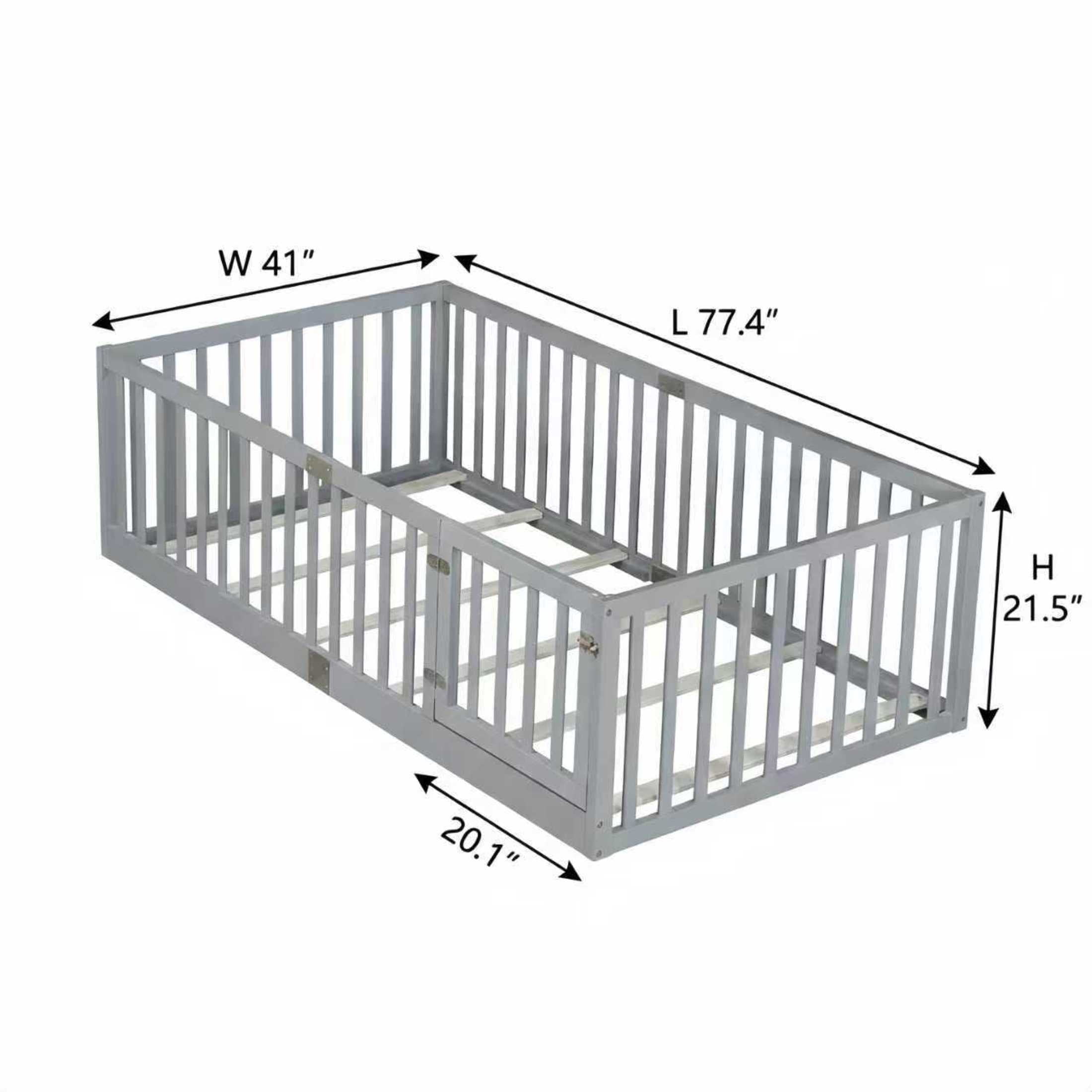 Noble House Nira Twin Floor Bed with High Fence and Door, Rubber Wood Montessori Bed Frame, Kids' Room, Gray