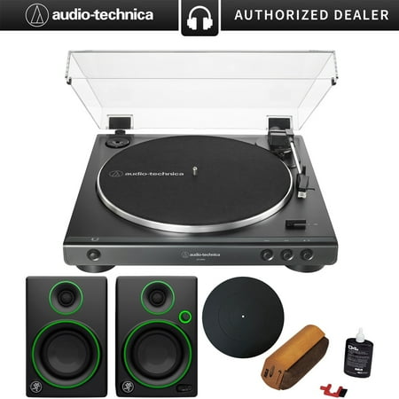 Audio-Technica AT-LP60X-BK Fully Automatic Belt-Drive Stereo Turntable (Black) w/Protective Turntable Platter, Vinyl Record Cleaning System & Mackie CR3 3