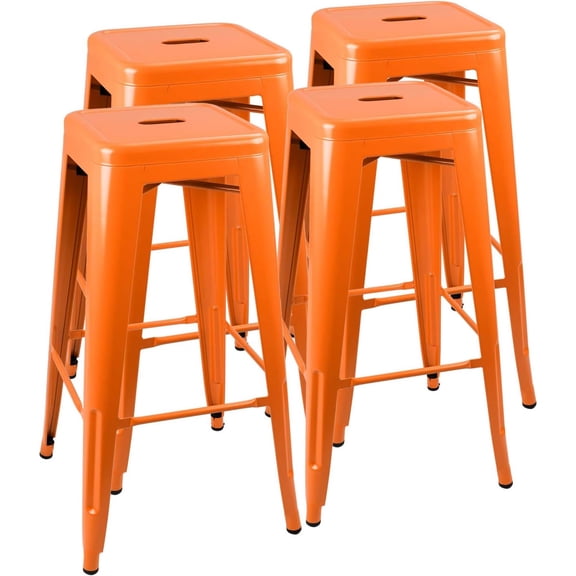 Orange Metal Bar Stools Industrial Stackable Backless 30 Inch Set Of 4