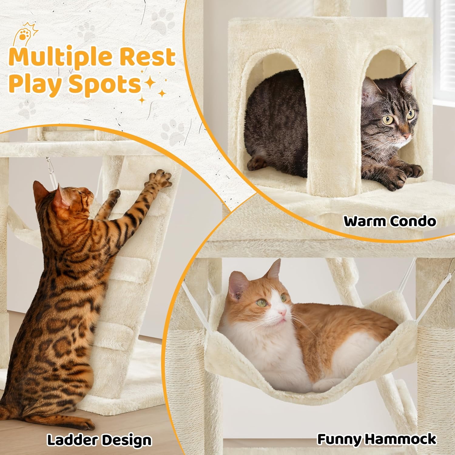 LibraMAl Cat Tree, 54in Tall Cat Tower for Indoor Cats with Extended Platform & Basket, Spacious Cat Condo, Funny Hammock, Scratching Posts and Ladder, Beige