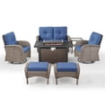 thumbnail image 3 of Opohoro 7 Pieces Outdoor Conversation Set with 43" Metal Fire Pit Table, Gray Rattan Loveseat Set with Swivel Rocker Chairs and Ottomans, Blue for Patio Backyard, 3 of 19