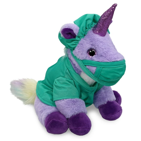 DolliBu Purple Unicorn Doctor Plush Toy - Super Soft Unicorn Doctor Stuffed Animal Dress Up with Cute Scrub Uniform and Cap Outfit - Fluffy Toy Plush Gift for Doctor, Nurse, Surgeon, Dentist - 9 Inch