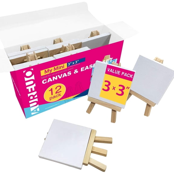 AUREUO 3x3 Inch Mini Canvas 12 Pack with 12 Easels – Small Art Set for Oil & Acrylic Paint – Tabletop Easel Stands for Painting or Display