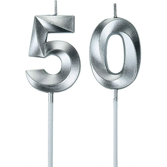 Silver 50th Birthday Candles, Number 50 Cake Topper for Men Birthday Decorations Party Decoration