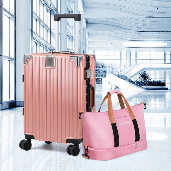 2 Piece Set – 20 Inch Aluminum Frame Carry On Luggage with Travel Bag,Pink Hard Shell Suitcase with Spinner Wheels & TSA Lock, Lightweight ABS PC Travel Set