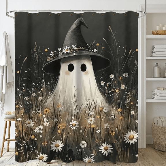 YardChic Halloween Shower Curtain, Polyester Ghost & Skeleton Bathroom Halloween Shower Curtain, Skull Skeleton Bathroom Decorations for Window Home Farmhouse Indoor Decor, Halloween Decorations