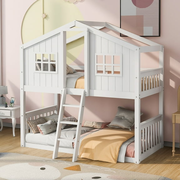 Twin Over Twin Wood Bunk Bed with Roof, Window, Guardrail & Ladder - White