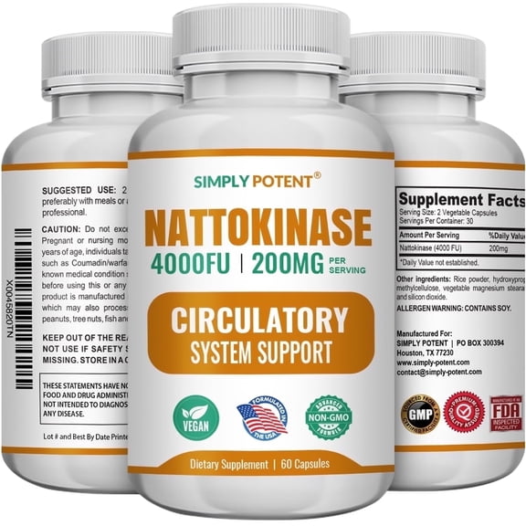Simply Potent Nattokinase 4000 FU Capsules for Heart Circulation Blood Vascular Support Antioxidant Fibrinolytic 60
